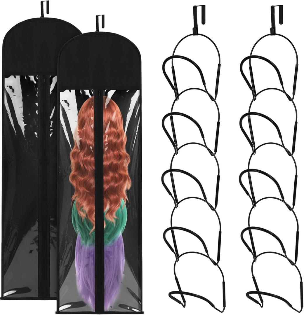 Blulu 10 Pcs Wig Hangers Rack for Multiple Wigs with Dust-proof Storage Bags, Hanging Storage Organizer for Hat with Anti-slip Grips Space Saving for Door Wall Closet Bathroom (Black)