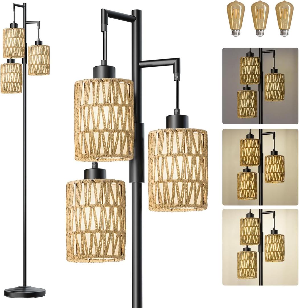 Oneach 70" Floor Lamps for Living Room, Stepless Dimmable Boho Floor Lamp with 3 Bulbs, Tall Farmhouse Industrial Corner Standing Tree Lamp for Bedroom, Office, Study Room, Rattan with Linen Shade