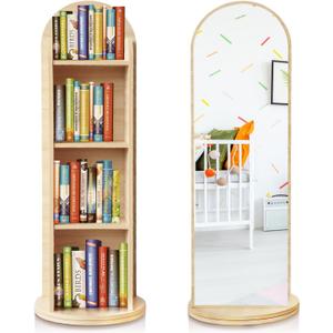 DELEMODUO Kids Rotating Bookshelf with Mirror, 48inch Wood Stading Floor Bookshelf for Small Space, 4 Tier Floor Standing Bookcase Storage Rack for Bedroom, Living Room, Study Room, 15 inches x 15 inches x 25 inches