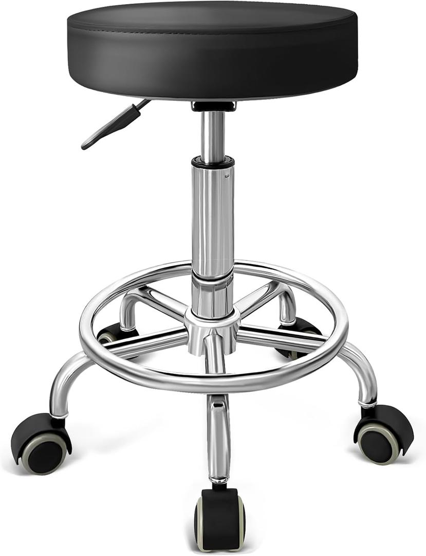 PU Leather Rolling Stool with Foot Rest Round Height Adjustment Swivel Spa Drafting Salon Tattoo Work Office Massage Vanity Stools Task Chair (Black), 15.74 inches x 12.59 inches x 22.83 inches