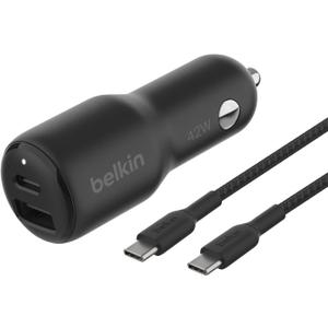 Belkin BoostCharge 42-Watt Dual Port Fast Car Charger w/30W USB-C & 12W USB-A Ports, USB-C to C Cable Included for iPhone 16, 16 Pro, Galaxy S25, S24, Pixel 9 & 8, Nintendo Switch 2 & More - Black