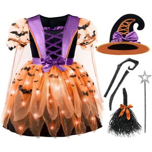 Spooktacular Creations Girls Light Up Witch Costume, Kids Witch Costume with Hat and Broom for Toddler Halloween Dress Party (Toddler(3-4 yrs), Orange)