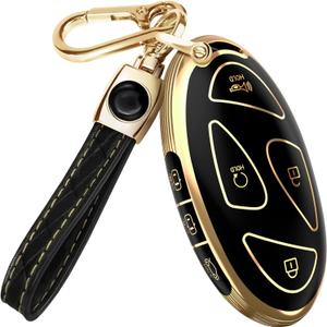 Lucrum Compatible with Hyundai Key Fob Cover & Leather Keychain, Keyfob Case for Santa Fe, Sonata, Tucson, Grandeur, Ioniq 6, KONA, Elantra - For 7 Button Remote (2022-2025) - Black and Gold