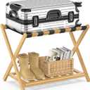 BAMBOOHOMIE Bamboo Luggage Rack for Guest Room, Wide Suitcase Stand with Storage Shelf, Folding Luggage Stand Holder for Bedroom Hotel, 26.77" Thickened Luggage Rack for Suitcases, Natural