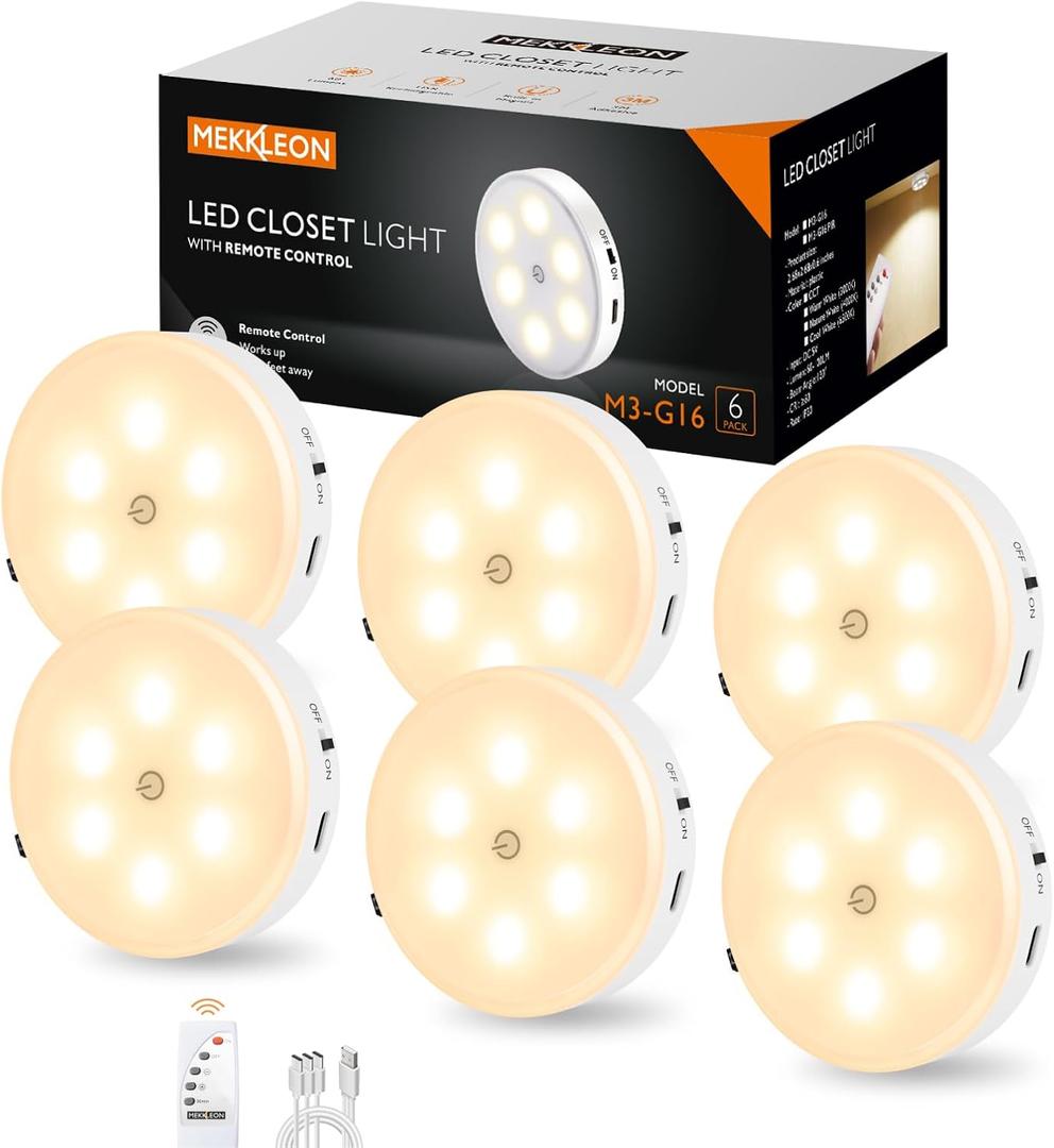 Puck Lights with Remote Control,1000mAh rechargeable under cabinet lighting,LED Closet Lights,3Pack Tap Light,Cordless Stick On Lights for Under Cabinet,Hallway, Stairway,Closet (Warm White-6PCS)