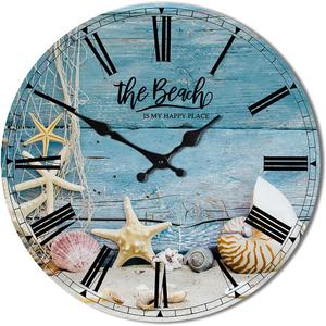 The Beach is My Happy Place Wooden Wall Clock Beach Quiet Digital Round Wall Clock Wood Clock Stylish Wall Decor Home Decor Clock for Dining Room Farmhouse