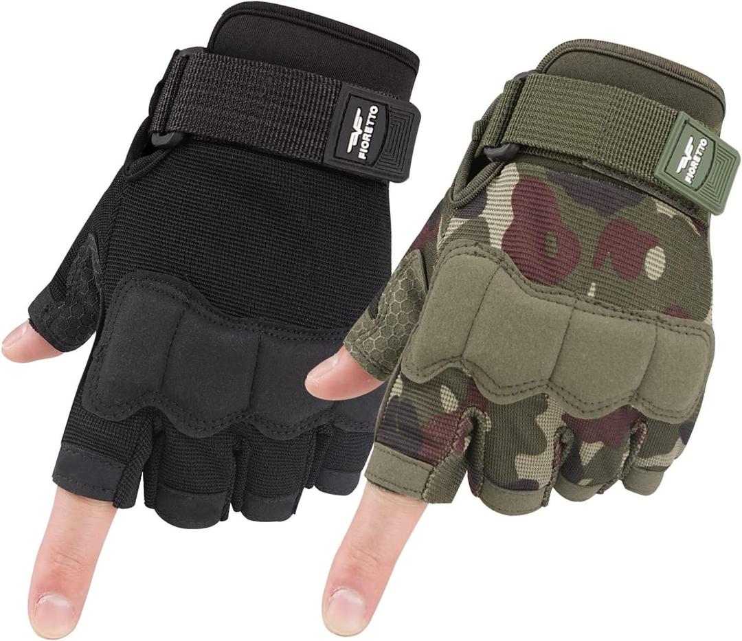 FIORETTO Fingerless Gloves, Half Finger Gloves for Driving, Cycling, Shooting, Hunting, Motorcycle, Climbing, Outdoor Work 215801 (Small, 2 Pairs(Black+Green Camo))