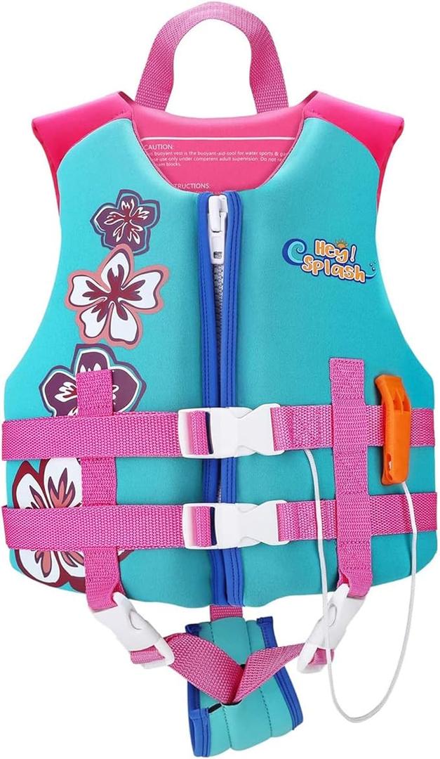 HeySplash Swim Vest for Kids, Child Size Watersports Kids Swim Vest Toddler Floatie Trainer Vest with Survival Whistle, Easy on and Off, Large, Lake Blue (Fit 55-77 lb)