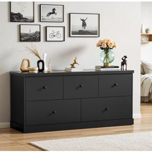 JUMMICO Dresser for Bedroom, Wide Chest of Drawers with 5 Wood Dresser Drawers, TV Stand, Modern Design for Bedroom, Living Room, Hallway, and Entryway (Black)