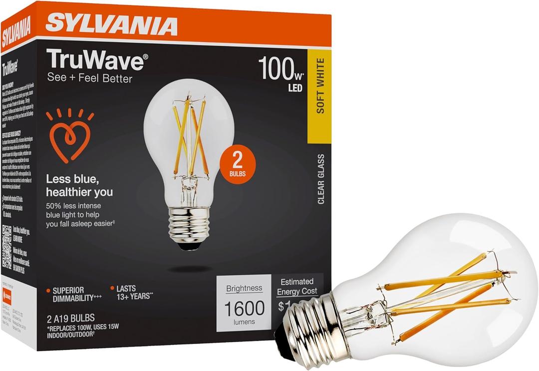 Sylvania LED TruWave Natural Series A19 Light Bulb, 100W Equivalent, Efficient 15W, 1600 Lumens, Medium Base, Dimmable, Clear, 2700K, Soft White - 2 Pack (42305)