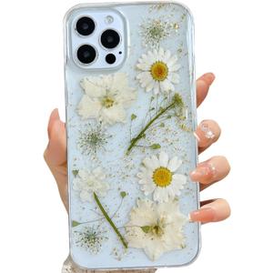 for iPhone 12 Pro Max Clear Case with Pressed Real Flowers Design,Glitter Cute White Floral Pattern Slim Soft TPU Protective Women Girl's Phone Cover for iPhone 12 Pro Max