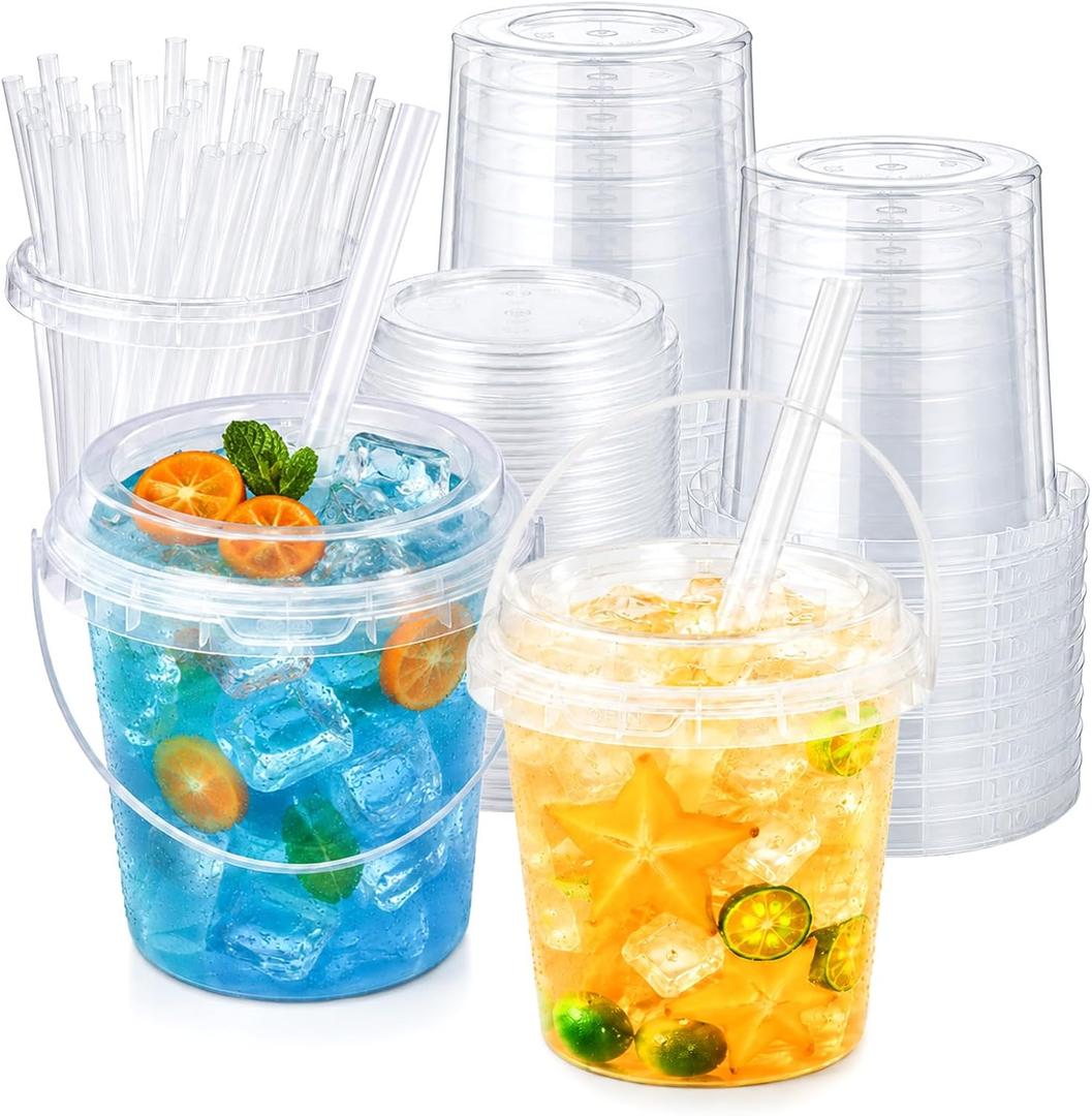 75 PCS Drink Buckets With Lids And Straws, 34 oz Clear Plastic Bucket Cups With Handles, Lemonade Buckets for Drinks, Iced Coffee, Smoothies, Fruit Tea, Pool Party, Birthday Party Supplies, Large