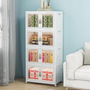 Large Clear Stackable Storage Bins with Lids, 180QT-45QT*4Tier Foldable Cabinet for Closet Organizers, Plastic Storage Box with Wheels White (19.7"Lx12.6"Wx10.4"H-4Tier/180QT)