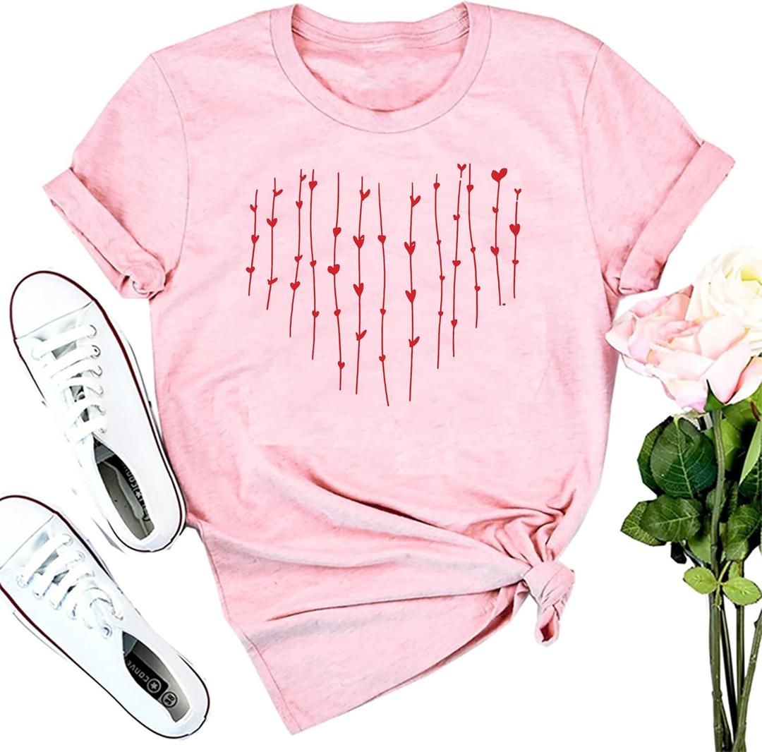 Valentines Shirts for Women Heart Print Love Tshirt Valentines Day Gift Tees Casual Short Sleeve Novelty Tops, L