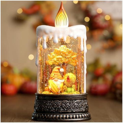 Lffital Fall Snow Globe Lantern Fall Decor Candle Shape with Gnome and Turkey, Lighted Thanksgiving Decorations with Timer Swirling Glitter for Tabletop Autumn Festival Harvest Day