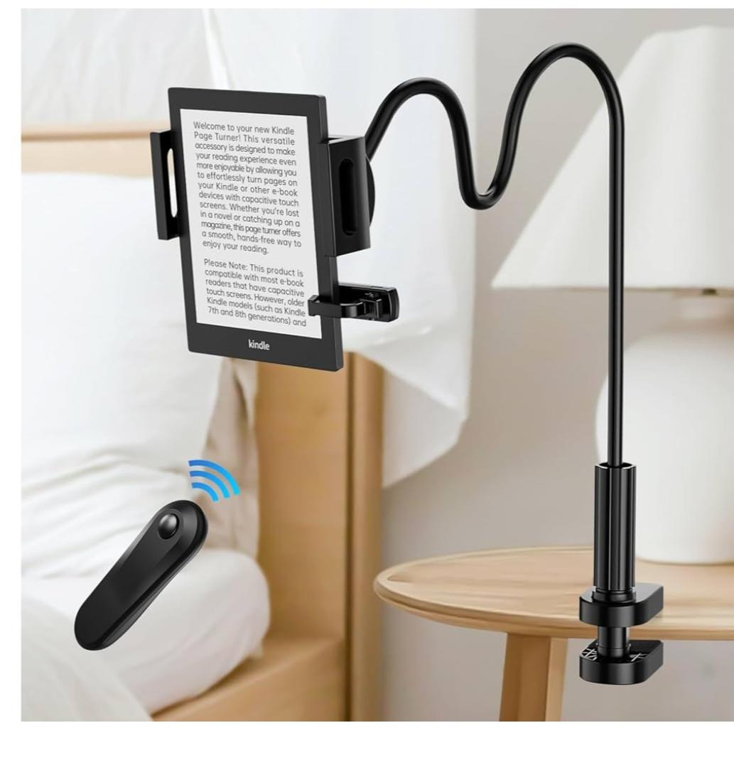 Kindle Holder with Remote Page Turner, Kindle Stand for Bed Reading, No Text Blocked 6mm Clip, No Margin Adjustments, Whisper-Quiet Page Turns, Fits 4.7-10" Devices (Paperwhite/Oasis, iPad/iPhone)