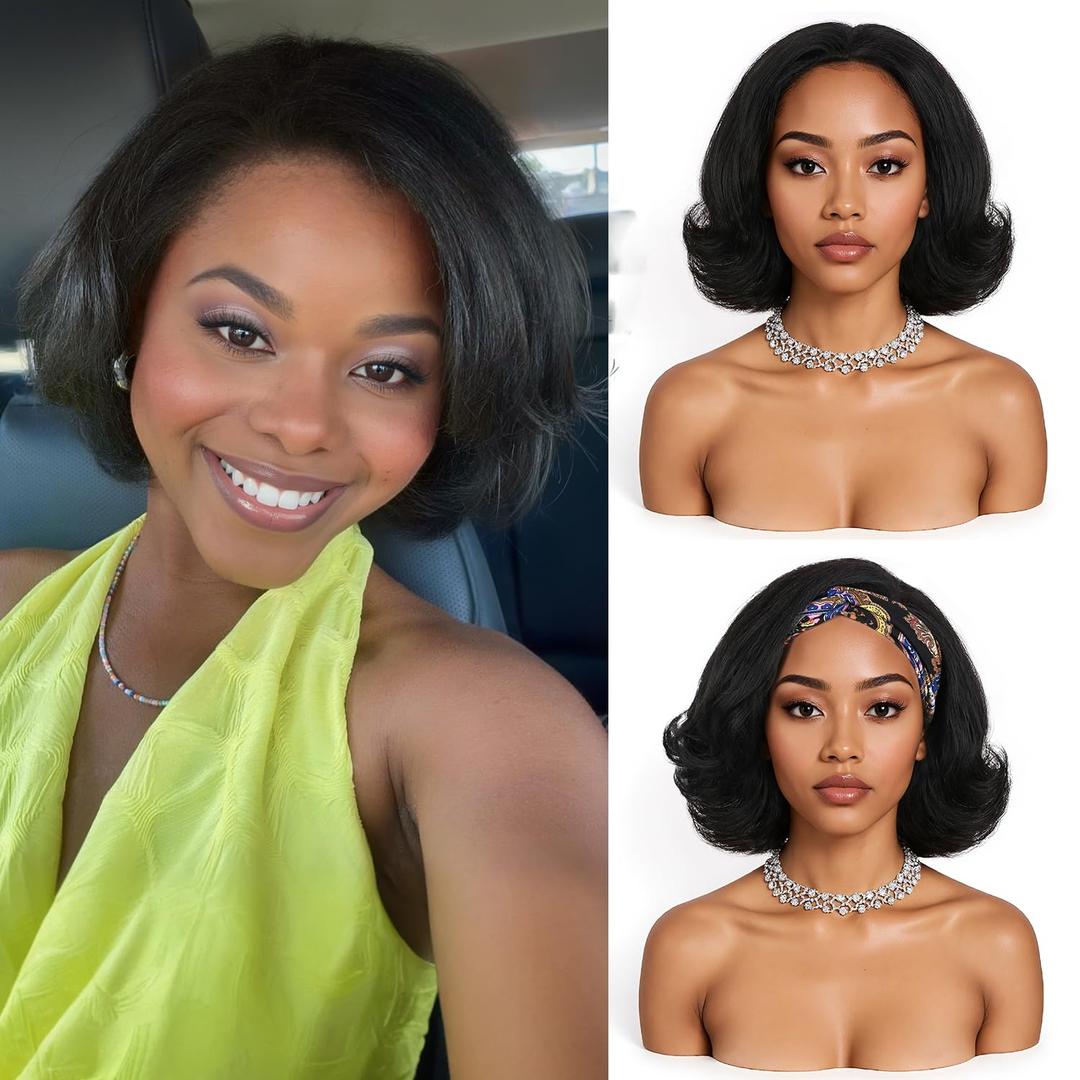 Quantum Love Half Wigs for Black Women Yaki Curly Headband Half Wig with Curly Ends Wear and Go Natural Black Synthetic Glueless Hair 10Inch