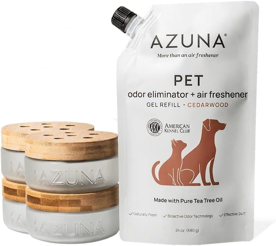 Azuna Pet Odor Eliminator for Strong Odor Gel | Pet Safe | 4 Room Kit
Plant Powered | Dog and Cat Room Deodorizer | Pet Safe Air Fresheners for home | Cedarwood | 4 glass jars and 24oz refill