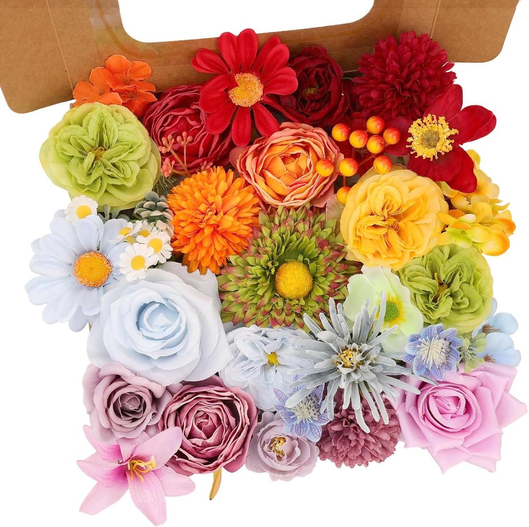 Artificial Flowers Combo Box Set, 38pcs Mix Flowers Dahlia Silk Roses, Daisy & Hydrangea with Stems for DIY Wedding Bouquets, Bridal Shower Centerpieces, Party & Home Decor, Floral Arrangement (Rainbow)