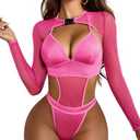 Avidlove Rave Outfits Women Exotic Teddy Bodysuit Sheer Crop Top and Bodysut Set, M