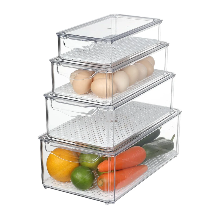 Naivees Plastic Fridge Organizer,Clear Storage Containers for Fridge Stackable Organizer Bins Square Food Storage Box Keep Fresh for Vegetable,Food,Fruits (4 PACK)