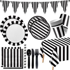 Black and White Striped Party Supplies, Black and White Party Decoration with Dinner Plates Napkins Tablecloth Cups Flags for Birthday Wedding Baby Shower Graduation