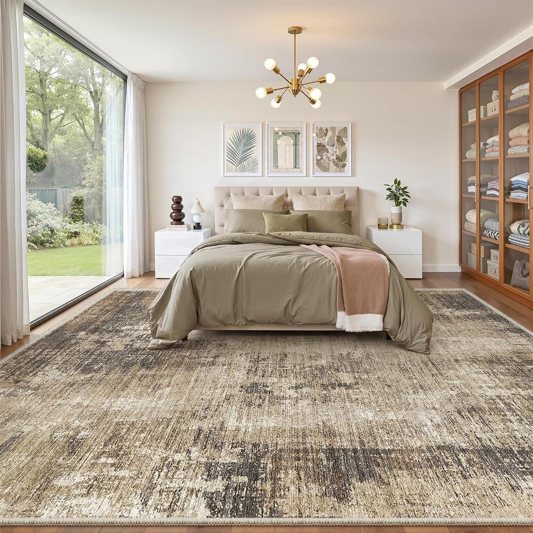 8x10 Area Rugs for Living Room, Abstract Large Washable Rug, Taupe | Soft Thin & Light weight, Folable, Stain Resistant Low Pile Non Slip Modern Distressed Carpet Rugs for Bedroom, Dining Room