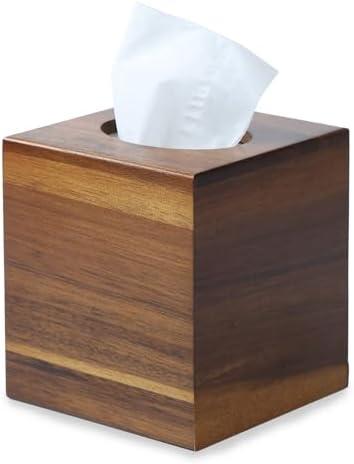 Acacia Wood Tissue Box Cover, Square Wooden Tissue Holder for Bathroom, Living Room, Dining Table, Decorative Cube Facial Tissue Box Cover, 5.3 x 5.3 x 5.9 inches