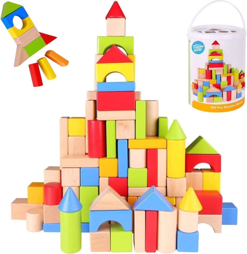 Pidoko Kids Building Blocks for Toddlers 1-3, 100 Pcs Wooden Blocks - Includes Storage Bucket and Shape Sorter Lid - Montessori Wood Block Gifts For Preschool Boys & Girls (Colored and Natural)