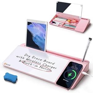 SELEAD Desktop Glass Whiteboard with Organizer, Markers, Eraser - Dry Erase Board Computer Pad Keyboard Stand with Drawer and Holder for Home, School, Office - Black (Black-basic Style)