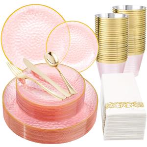 Rubtlamp 175 Pcs Pink Plastic Plates Dinnerware Set (25 Guests), Pink Disposable Plates With Gold Rim, Hammered Party Platos Set Include Dinner Plates, Dessert Plates, Cups, Cutlery for Party