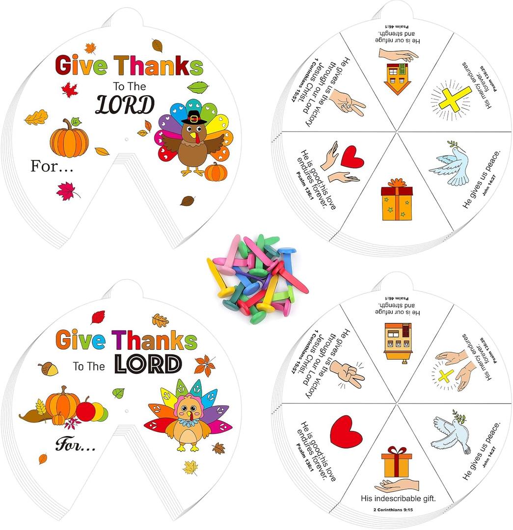 2 x 24 Sets Fall Thanksgiving Paper Craft Kits Autumn Religious Christian Coloring Cards Color Your Own Turkey Art Spining Paper Game DIY Jesus Biblical Activities for Sunday School Class