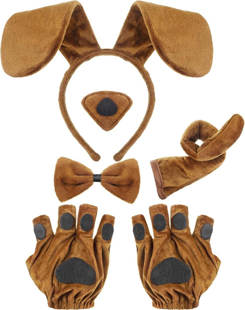 Syhood Puppy Dog Costume Set Ears Headband Bowtie Nose Tail Paw Gloves Accessories for Carnival, Light Coffee, Classic