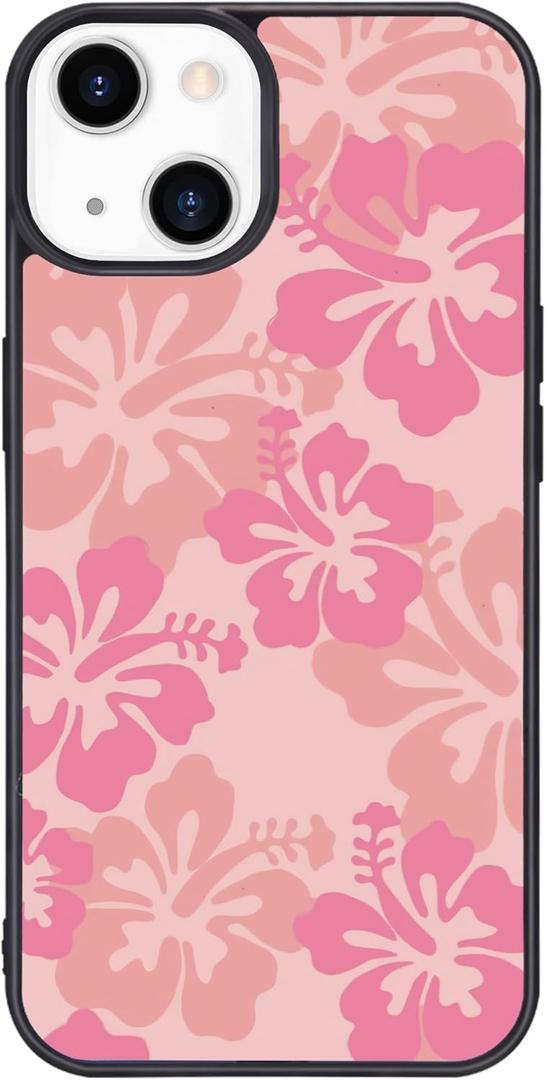 Pink Hibiscus Flower Phone Case for iPhone 11 Hibiscus Floral Case Cover TPU Bumper Hard Back Shockproof Preppy Phone Case Girly Women Phone Case Cover w/Four Leaf Lucky Clover Design