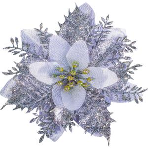 SolarStar 12 PCS Siver Glitter Poinsettias Artificial Christmas Flowers, 5.5 inches, with Clips for Christmas Tree Decoration, Home, Wedding, Party, Wreath Decoration Xmas Tree Ornaments (Silver)