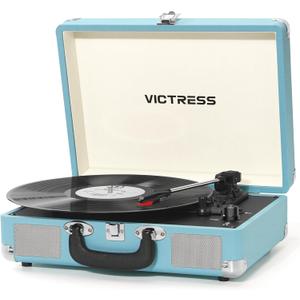 Vinyl Record Player, Portable Suitcase Turntable With PC Recording & Bluetooth Input/Output, 3-Speed LP Player, Built-in Stereo Speakers, RCA, AUX, Headphone Jack, Blue