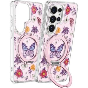 for Samsung Galaxy S26 Ultra Case with Stand - Cute Soft TPU Clear Phone Cover for Women Girls Compatible with Magsafe Girly Unique Design with Magnetic Ring for S26 Ultra, Purple Butterfly