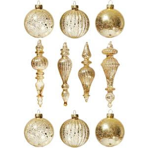 DN DECONATION Mercury Glass Christmas Ornaments, Vintage Teardrop & Ball Ornament, Decorative Hanging Finials Decor for Xmas Tree, Winter Wedding, Party, Holiday Home (10-Pieces, Champagne Gold) (Set of 10)