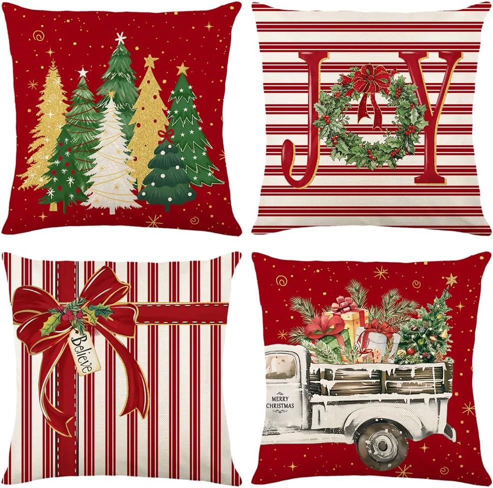 Red Christmas Throw Pillow Covers 20x20 Inch Set of 4, Winter Holiday Xmas Trees Joy Wreath Bow Vintage Truck Pillowcase Decorative for Sofa Couch Living Room
