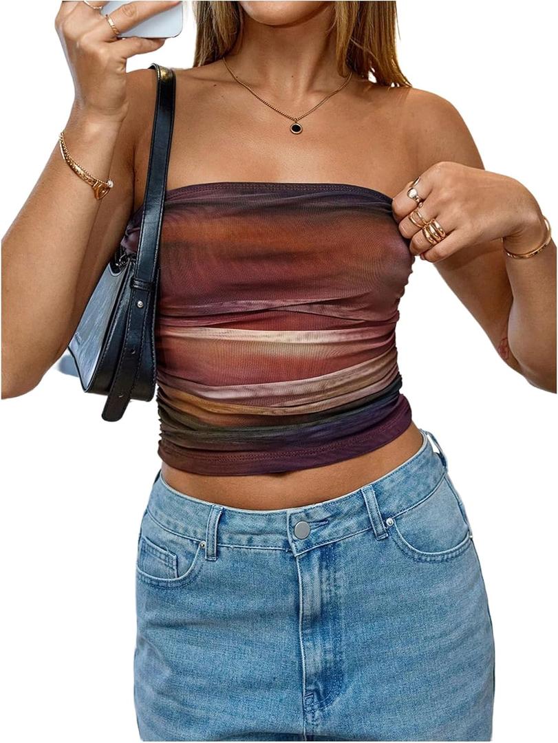 OYOANGLE Women's Tie Dye Ruched Strapless Tube Top Party Sleeveless Going Out Bandeau Crop Tops (Large, Multicolor)