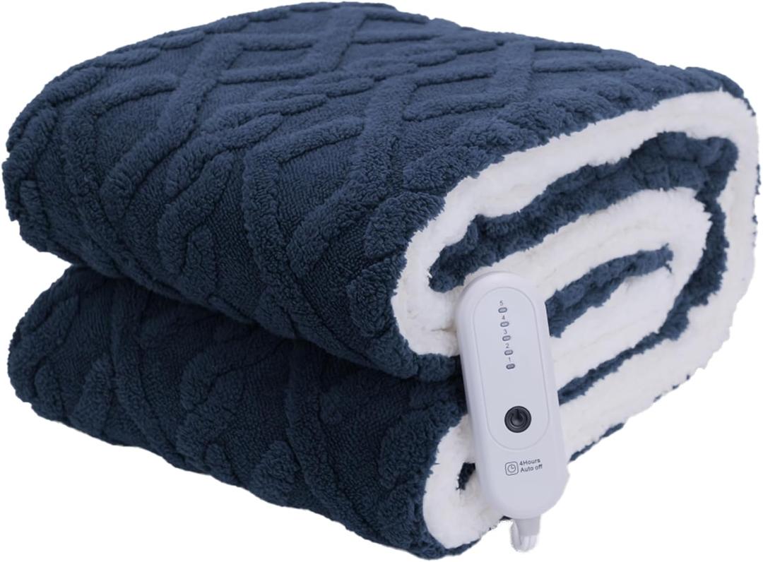 Electric Heated Throw Blanket, 50"x60" Extra-Thick and Warm Heating Blanket with 4 Hour Auto Off & 5 Heating Levels, 3D Pattern Design and Overheating Protection, Navy Blue