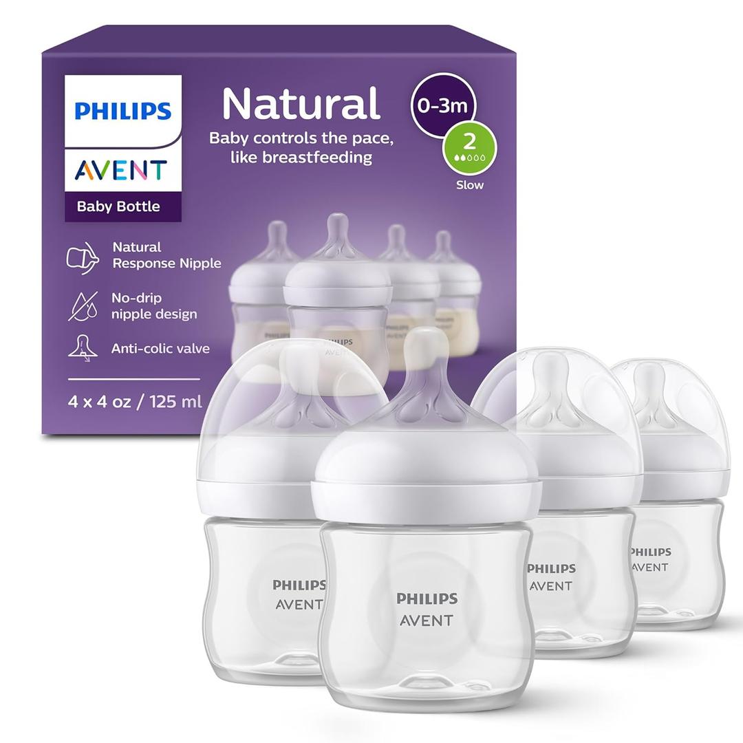 Philips Avent Natural Baby Bottles with Natural Response Nipples (Slow Flow, Flow 2), 4oz, 4-Pack, SCY900/04 (Clear)