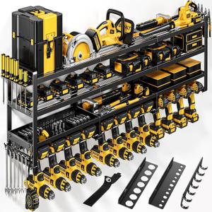 49" W Large Power Tool Organizer Wall Mount, 4 Layer Heavy Duty Loads 800 lbs, Tool Storage Rack Holds 12 Cordless Drills, Large Capacity Battery Holder for Garage, Gift for Men