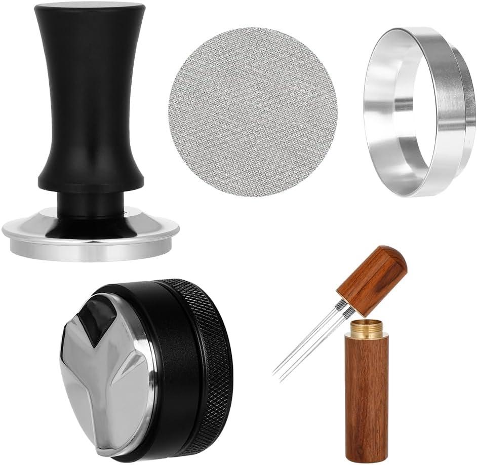Adjustable Depth Espresso Tamper Set: 58mm Spring Loaded Espresso Distributor Leveler with Magnetic Dosing Funnel Aluminum Metal & Reusable Screen