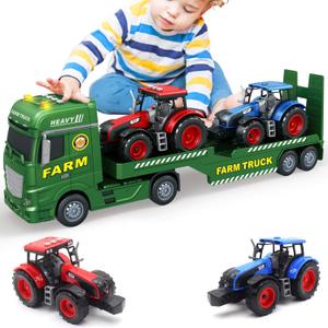 Large Flatbed Semi Truck, 25.6 Large Farm Truck Toy with 2 Tractors, Friction Powered Farm Transport Truck Tractor Toy with Light & Sound, Farm Toys Birthday Gift for Kids Aged 3-8