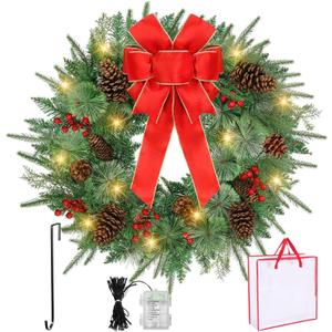 26 Inch Christmas Wreath Decorations,Artificial Wreaths with 50 LED Lights 8 Modes & Timer,Battery Operated 144 PVC Tips,Large Red Bow,Pine Cones,Berries for Front Door,Indoor/Outdoor Holiday Decor