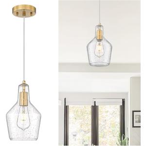 Emliviar 11 Inch Farmhouse Pendant Light Fixture, 1-Light Hanging Kitchen Lighting with Seeded Glass, Brushed Gold Finish, DYE286G2-MIL BG