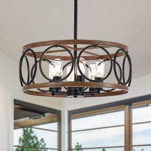 6-Light Farmhouse Drum Pendant Light,19.7'' Nature Wood Texture Vintage Rustic Chandeliers Black Metal Industrial Hanging Light Fixtures for Entryway, Bedroom Dining Room