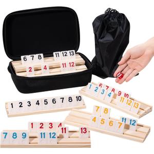 Rummy Cube Game Set for 6 Players with 6 Wooden Racks, 160 Numbers Rummy Tiles, Travel Case & Bag, Classic Tile Game for Family Adults Kids