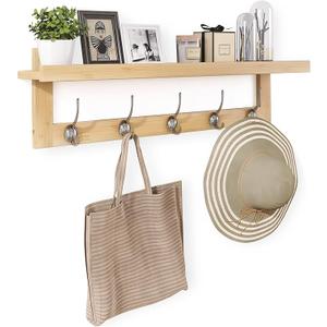 SMIBUY Coat Hooks with Shelf Wall-Mounted, 29.2 Inch Entryway Coat Rack for Wall, Bamboo Hanging Shelf with 5 Double Metal Hooks for Bathroom, Bedroom, Kitchen, Living Room, Mudroom (Natural)